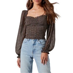 Astr the Label Ruched Brown Floral Blouse M